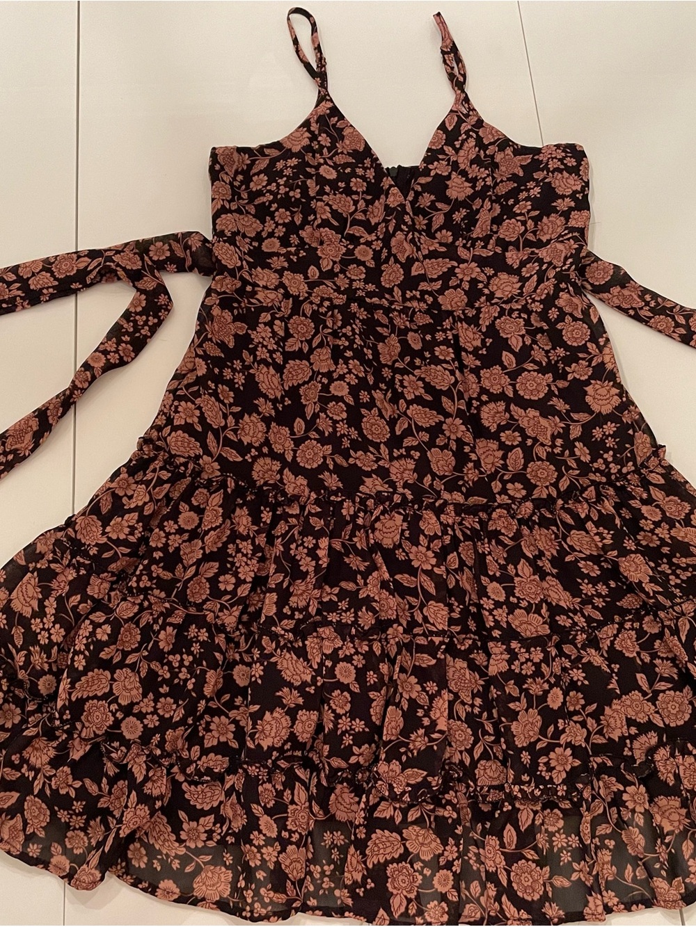 Floral Tiered Mini Dress with Tie Waist - Black & Dusty Rose